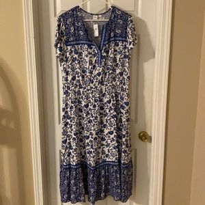 LOFT White blue printed summer midi dress